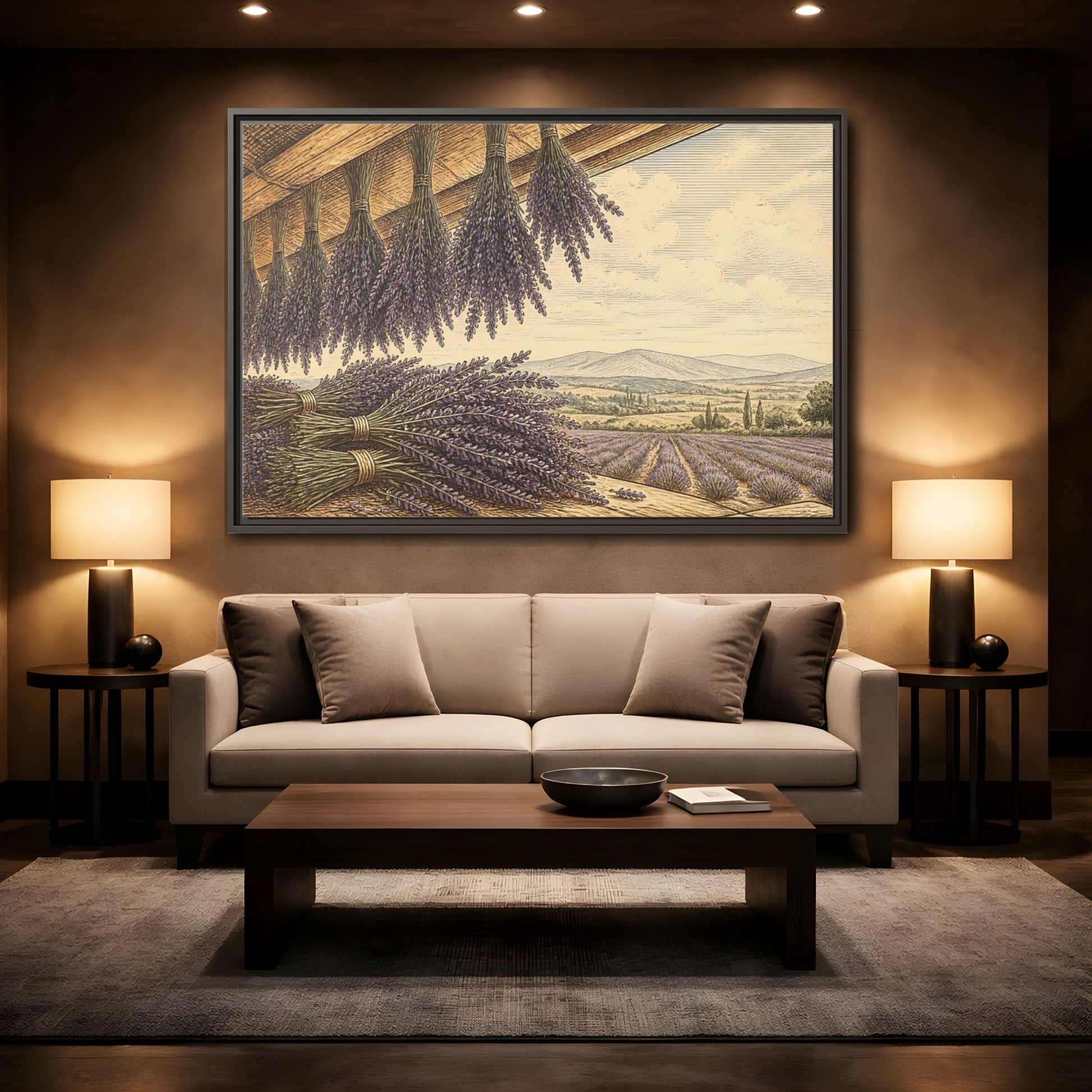 Mockup 2. Drying Lavender Bundles shown as framed canvas print