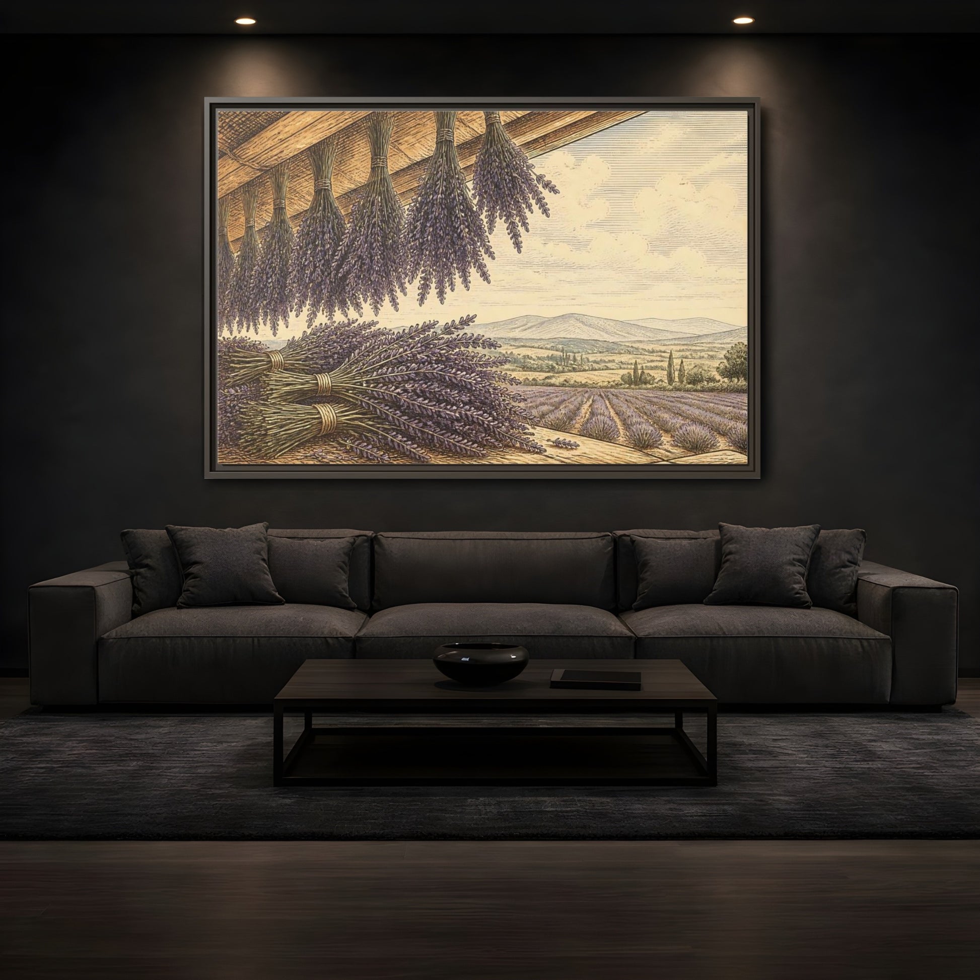 Mockup 3. Drying Lavender Bundles shown as framed canvas print