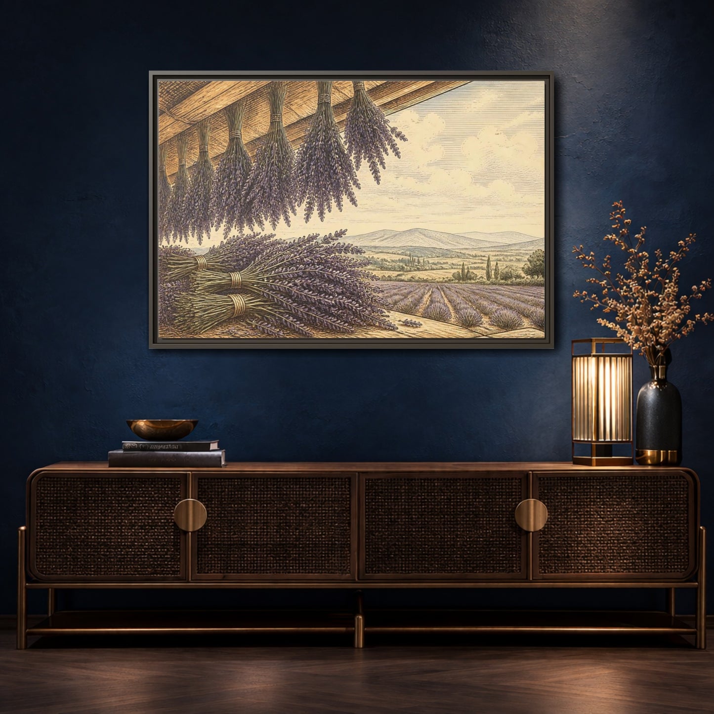 Mockup 4. Drying Lavender Bundles shown as framed canvas print