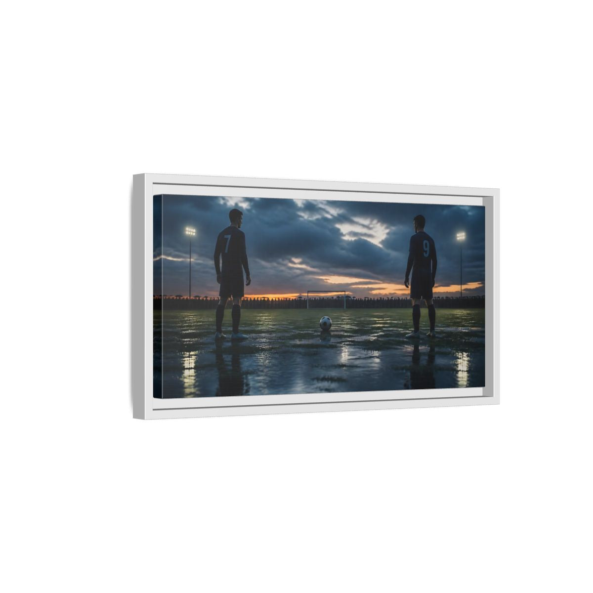 Side Mockup 6. Dusk Soccer Duel shown as framed canvas print