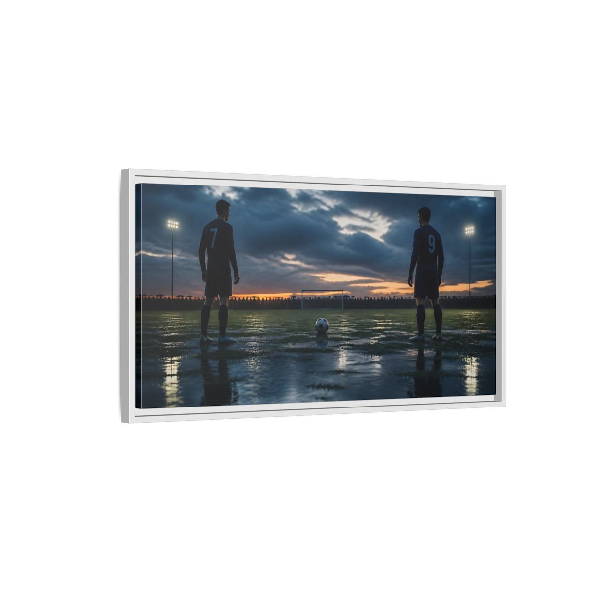 Side Mockup 1. Dusk Soccer Duel shown as framed canvas print