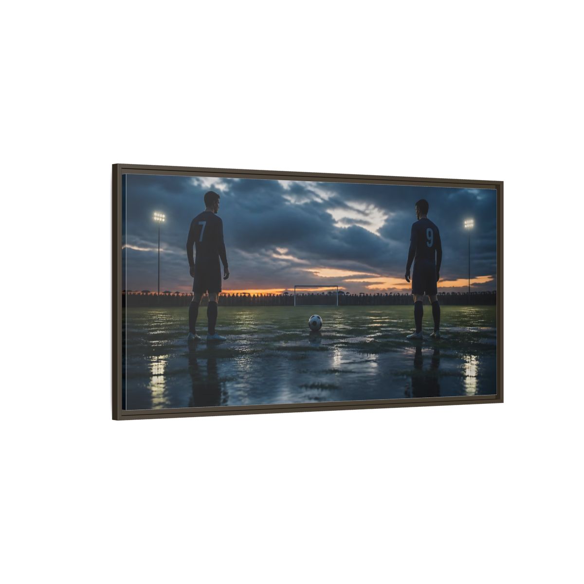 Side Mockup 4. Dusk Soccer Duel shown as framed canvas print