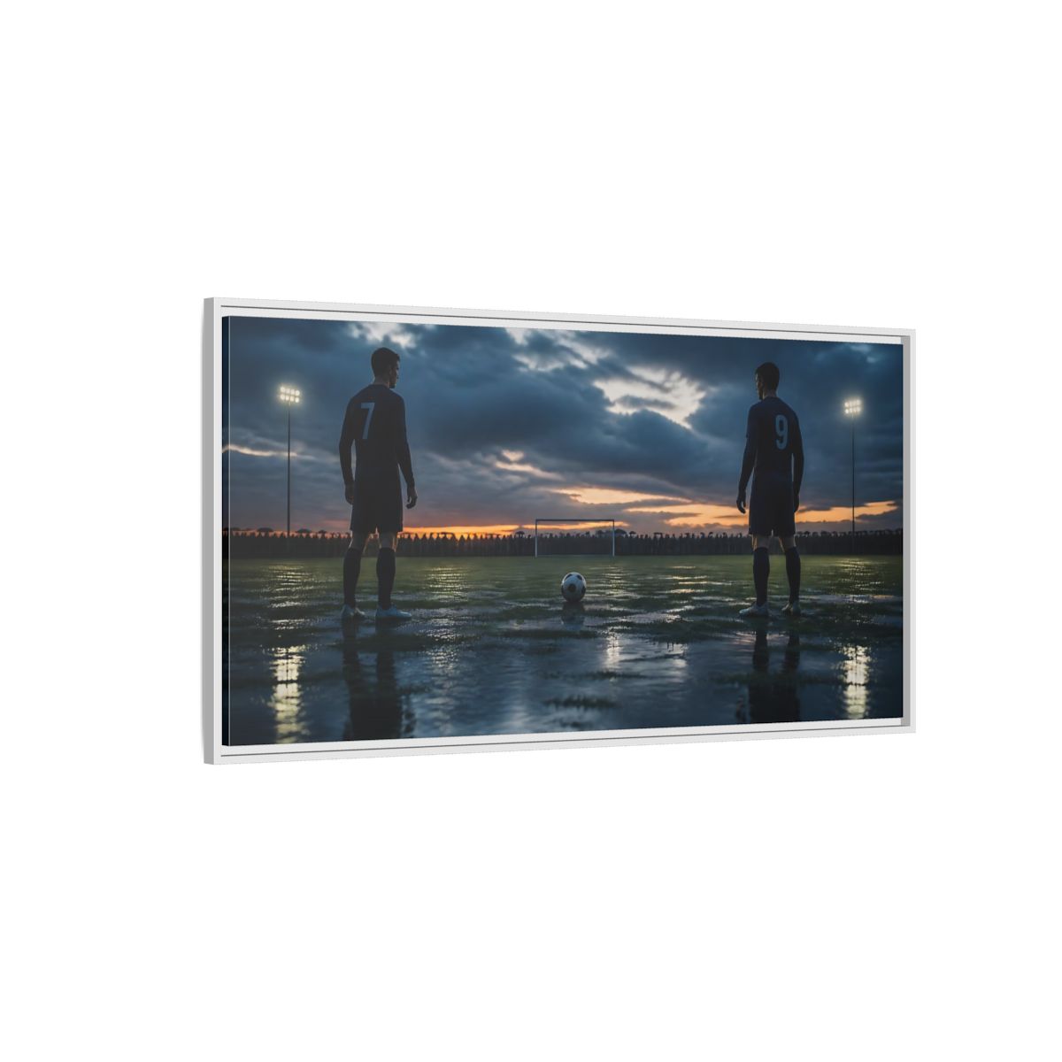 Side Mockup 3. Dusk Soccer Duel shown as framed canvas print