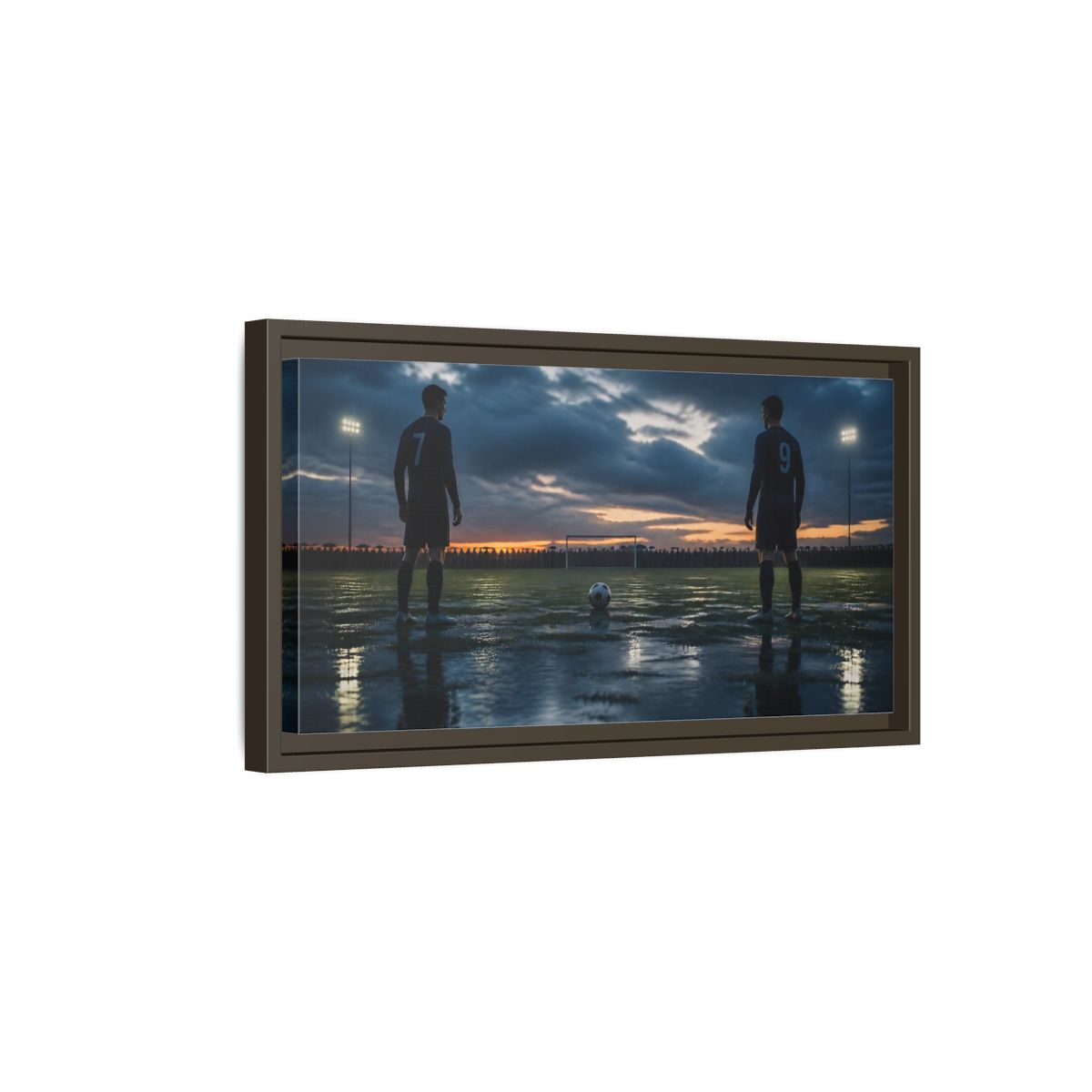 Side Mockup 7. Dusk Soccer Duel shown as framed canvas print