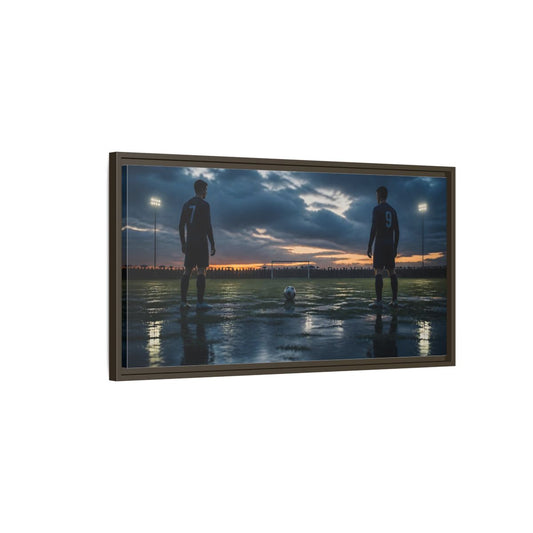 Main Mockup. Dusk Soccer Duel shown as framed canvas print
