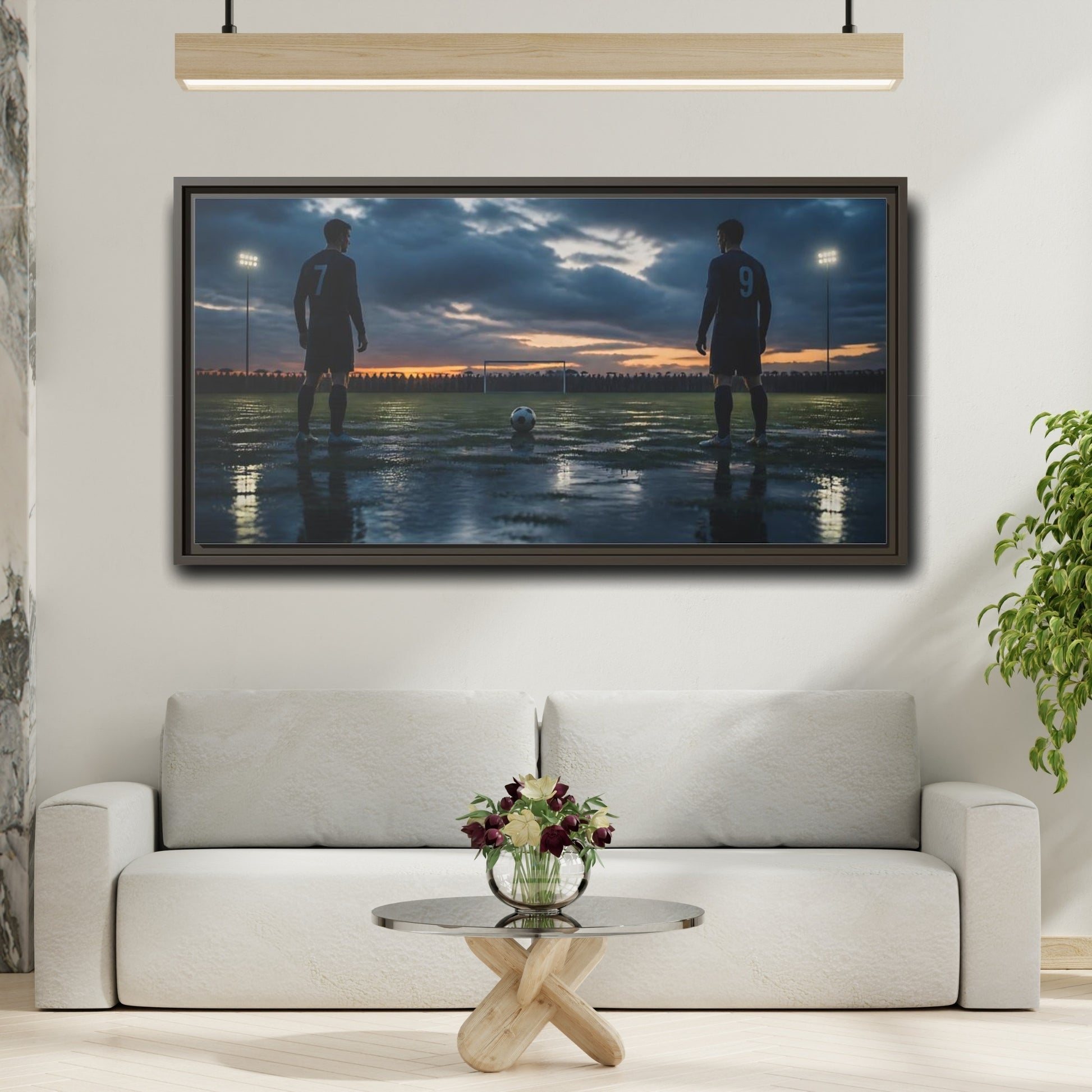 Mockup 2. Dusk Soccer Duel shown as framed canvas print