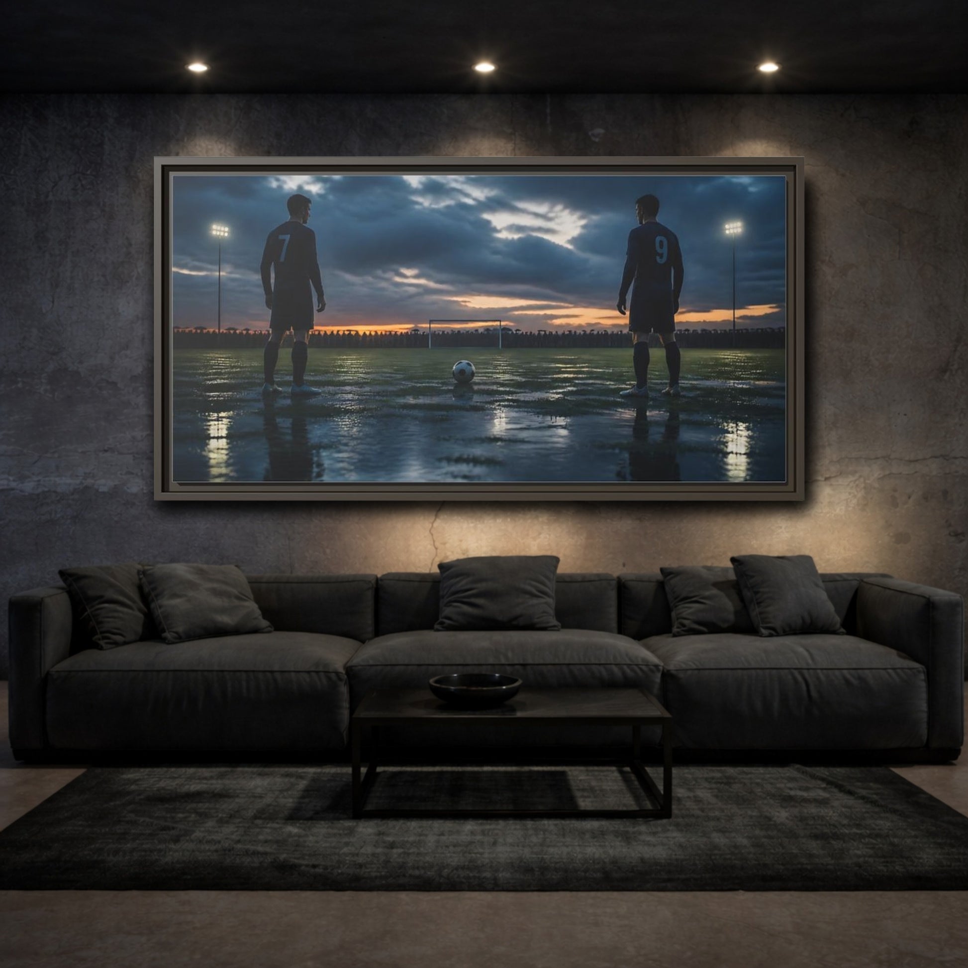 Mockup 3. Dusk Soccer Duel shown as framed canvas print