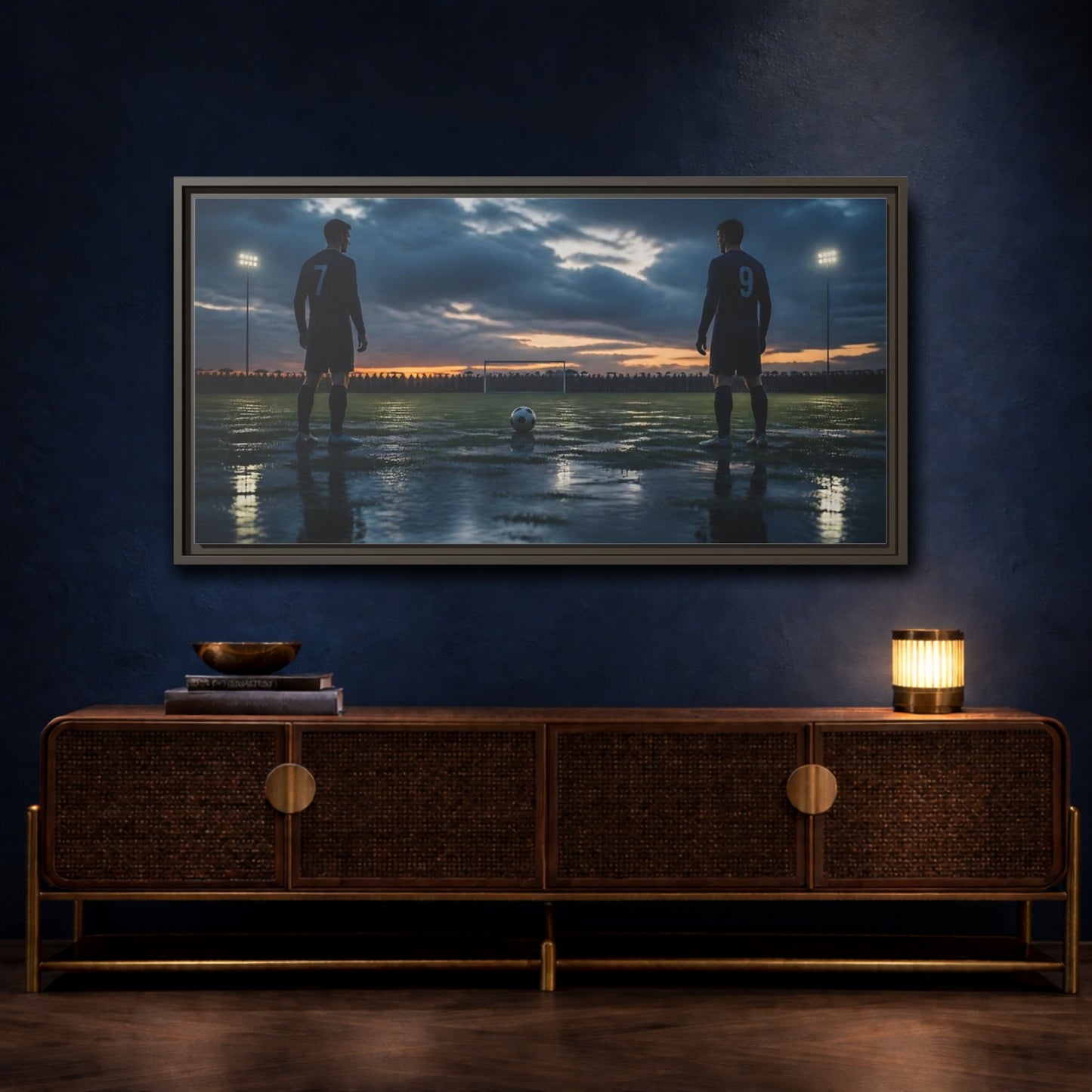 Mockup 4. Dusk Soccer Duel shown as framed canvas print