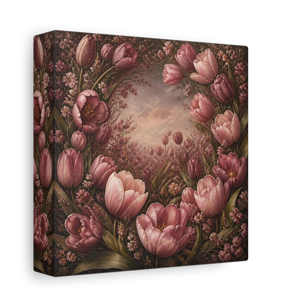 Side Mockup 2. Dusty Rose Tulip Flowers shown as canvas print