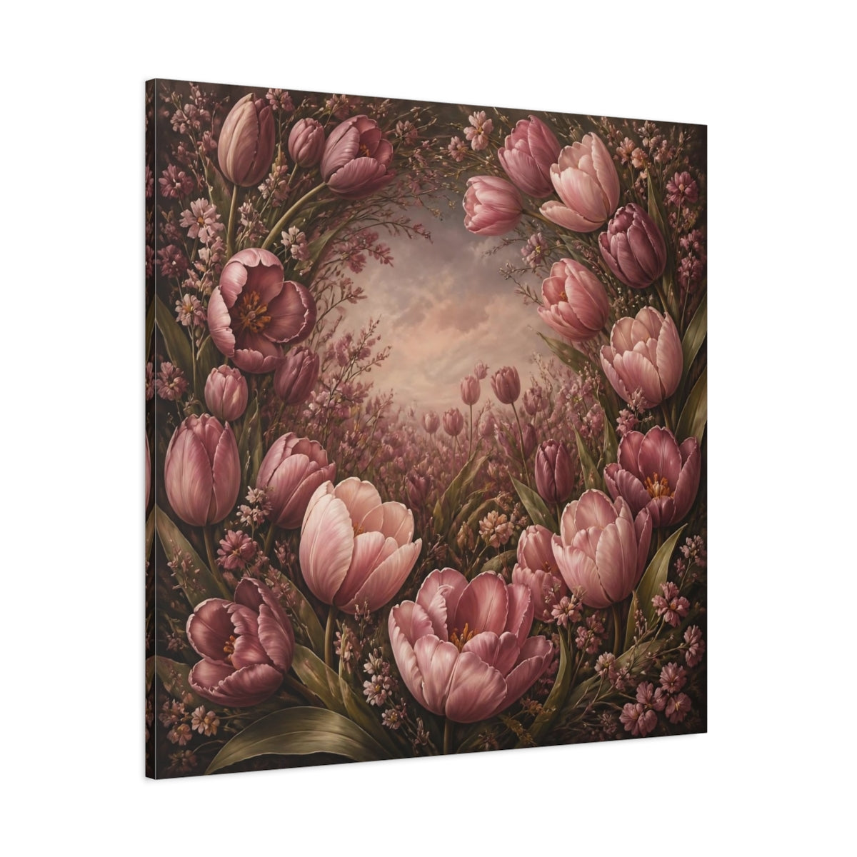 Side Mockup 1. Dusty Rose Tulip Flowers shown as canvas print