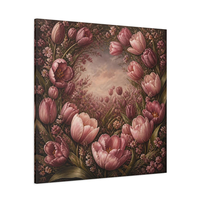 Side Mockup 1. Dusty Rose Tulip Flowers shown as canvas print