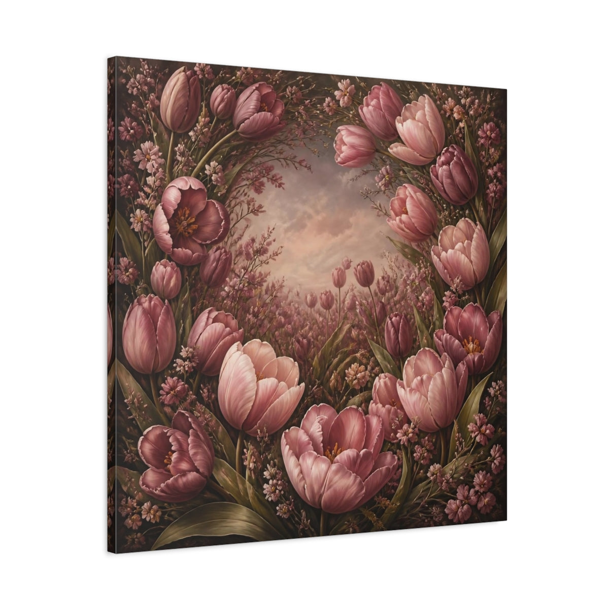 Side Mockup 3. Dusty Rose Tulip Flowers shown as canvas print
