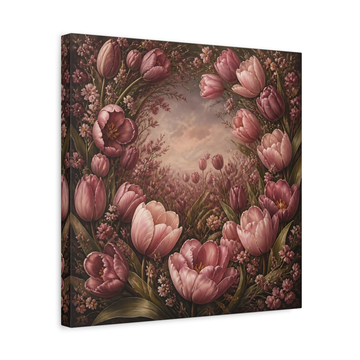 Side Mockup 6. Dusty Rose Tulip Flowers shown as canvas print