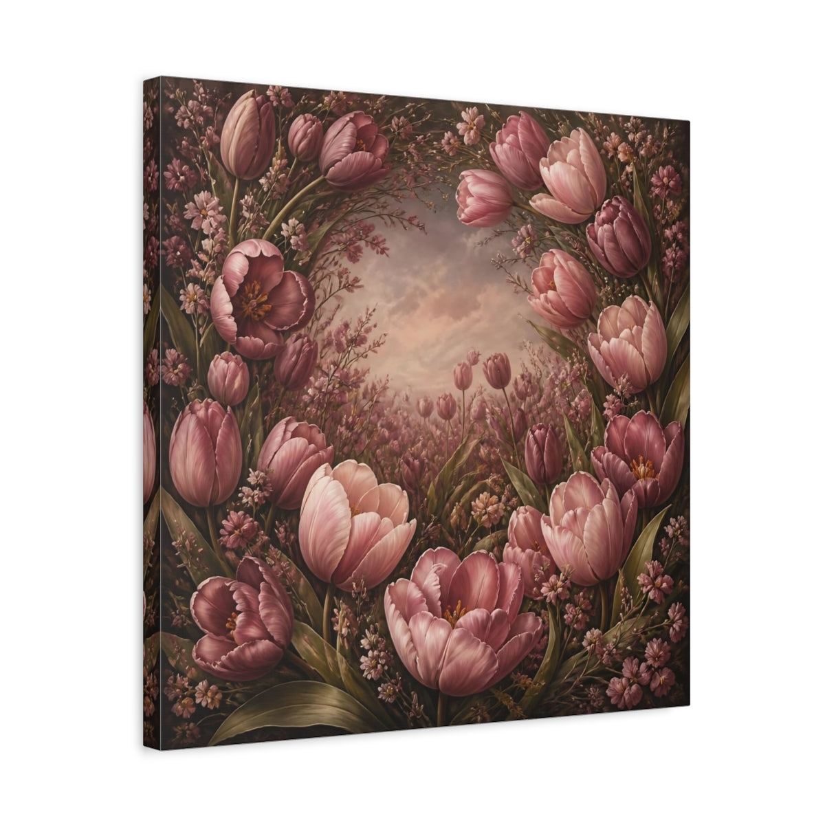 Side Mockup 5. Dusty Rose Tulip Flowers shown as canvas print