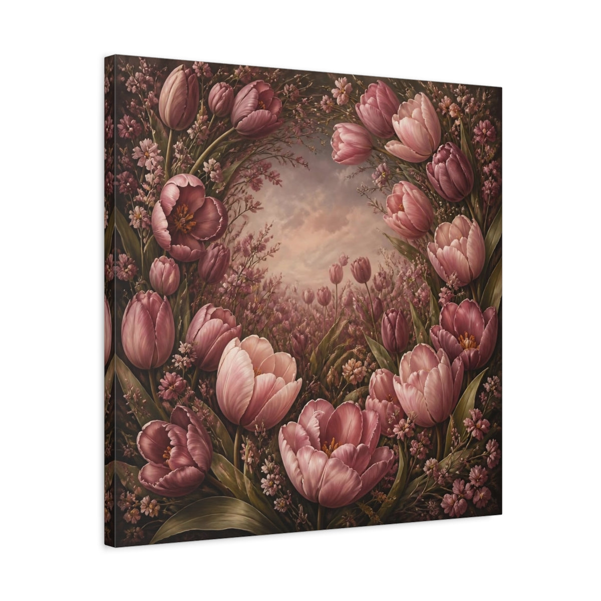Side Mockup 4. Dusty Rose Tulip Flowers shown as canvas print