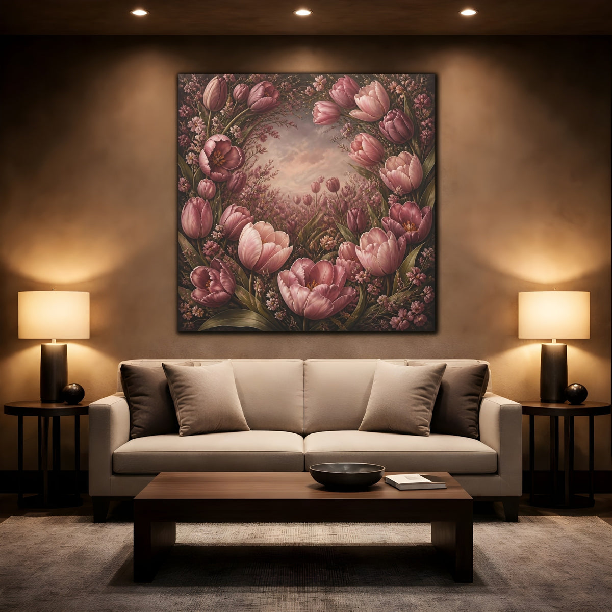 Mockup 2. Dusty Rose Tulip Flowers shown as canvas print