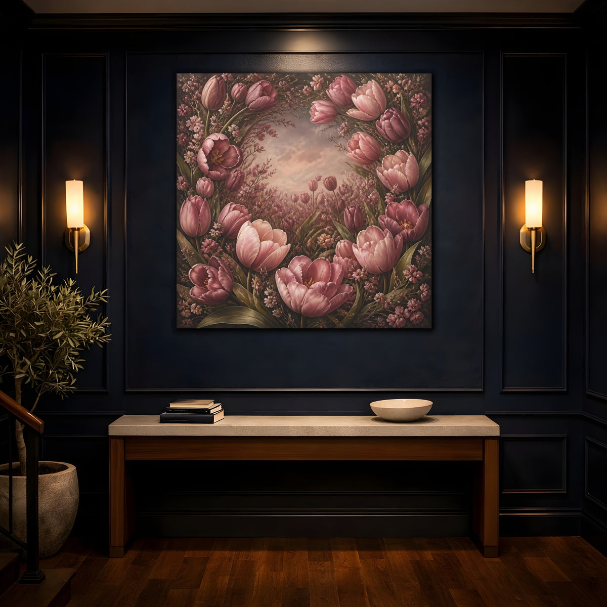 Mockup 4. Dusty Rose Tulip Flowers shown as canvas print