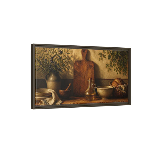 Main Mockup. Dutch Kitchen Still Life shown as framed canvas print