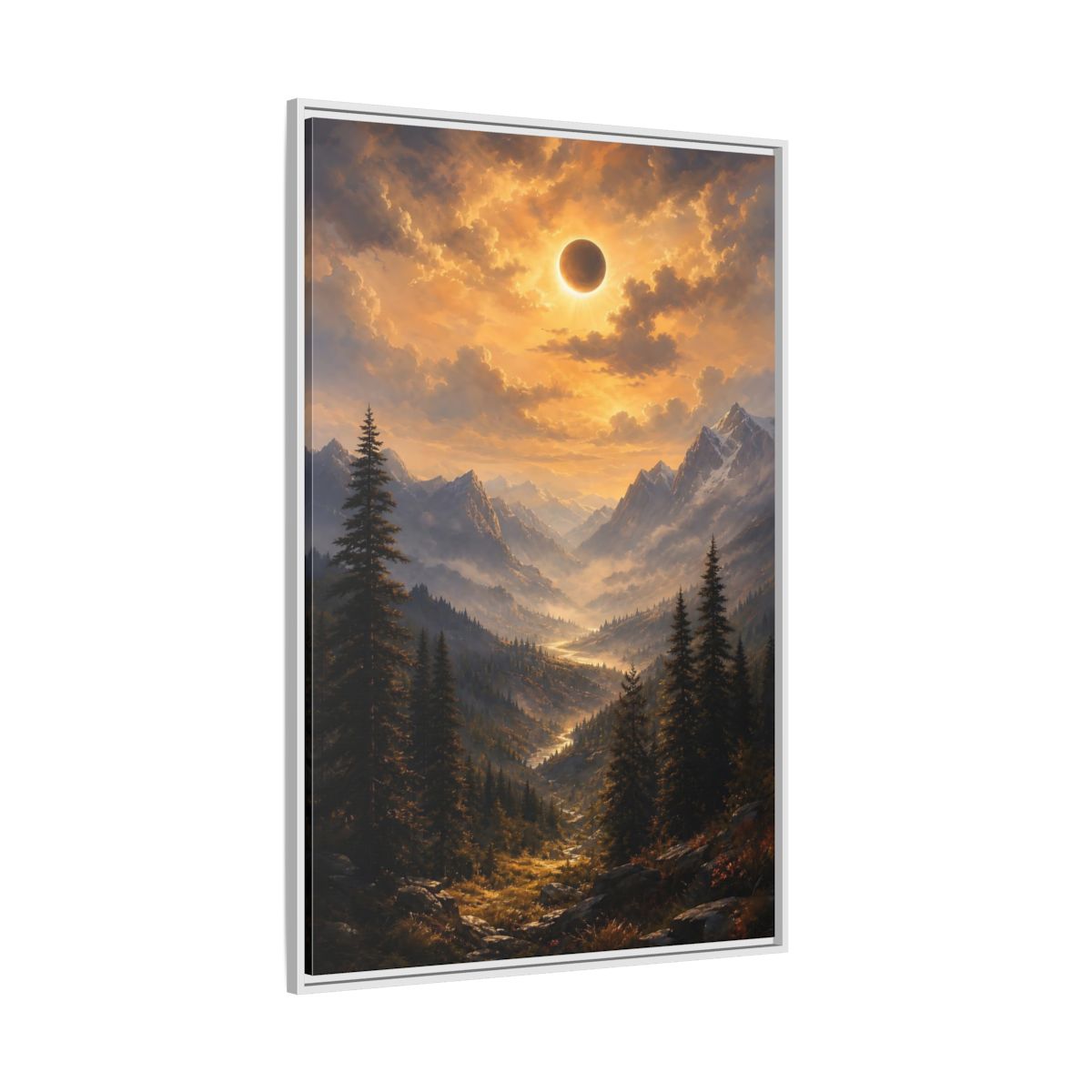 Side Mockup 7. Eclipse Over Mountain Valley shown as framed canvas print