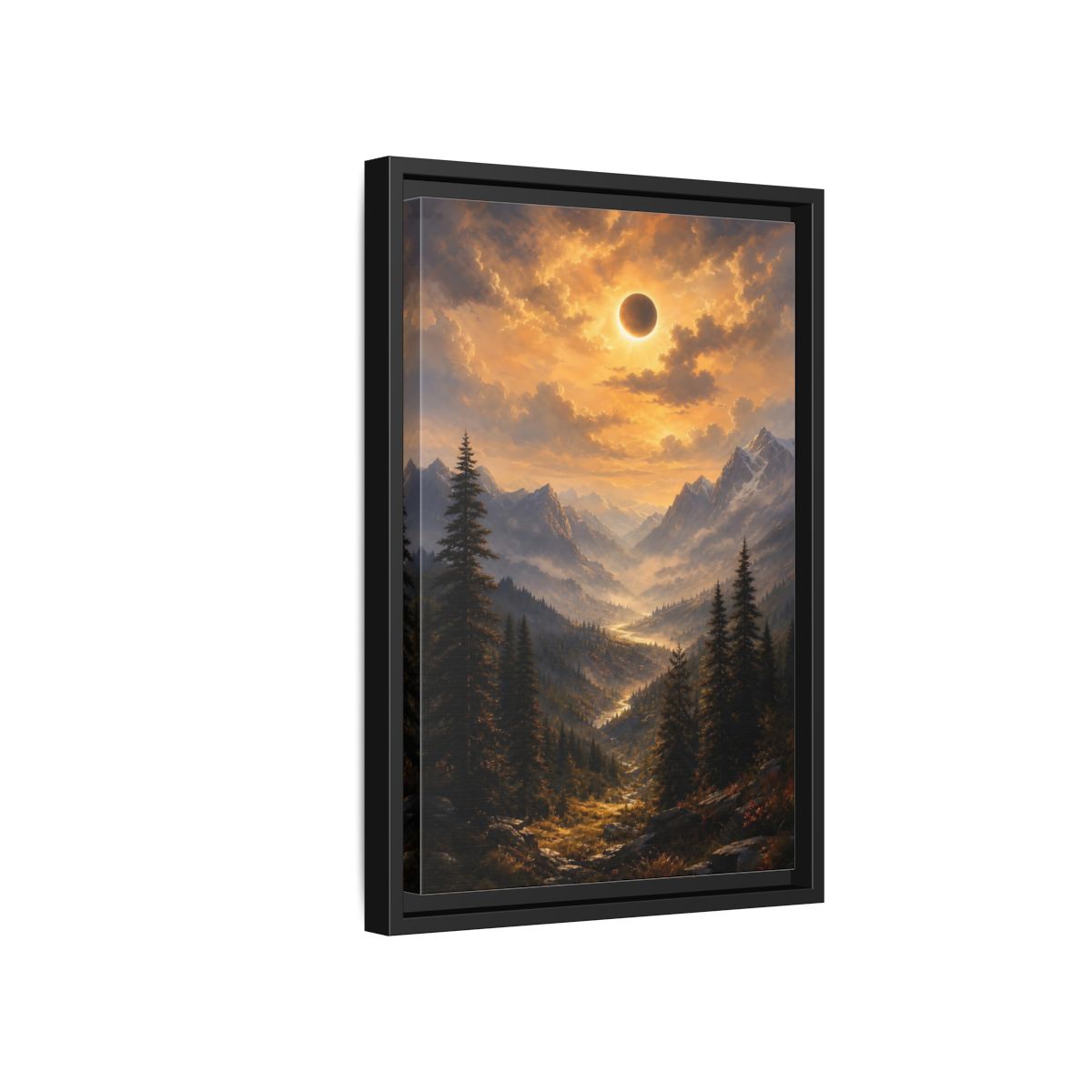 Side Mockup 6. Eclipse Over Mountain Valley shown as framed canvas print