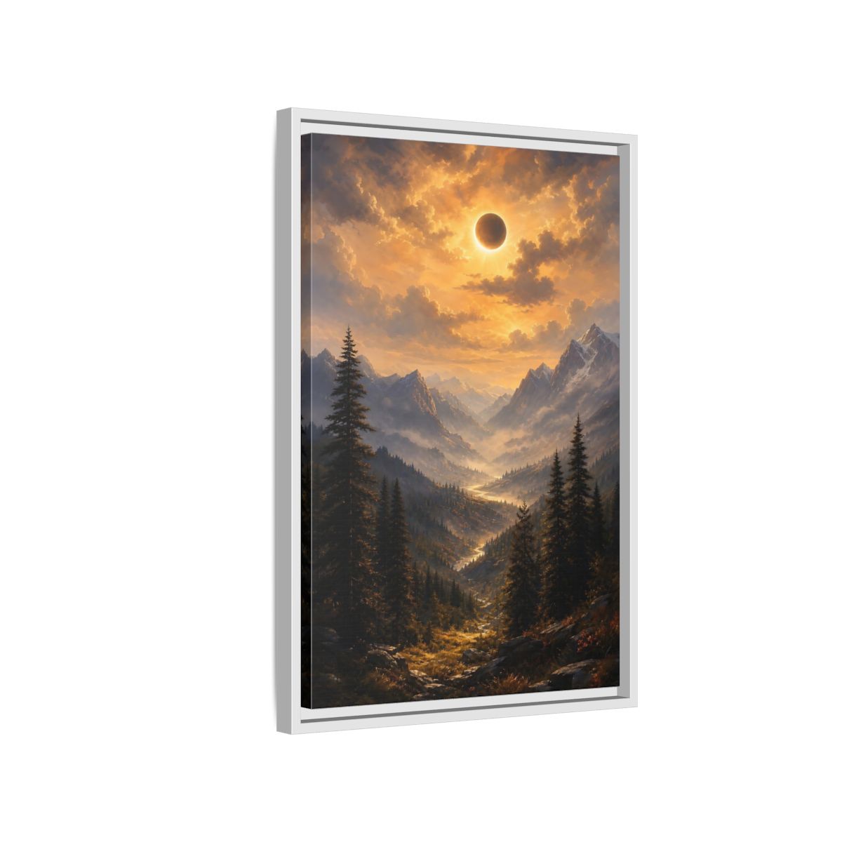 Side Mockup 1. Eclipse Over Mountain Valley shown as framed canvas print