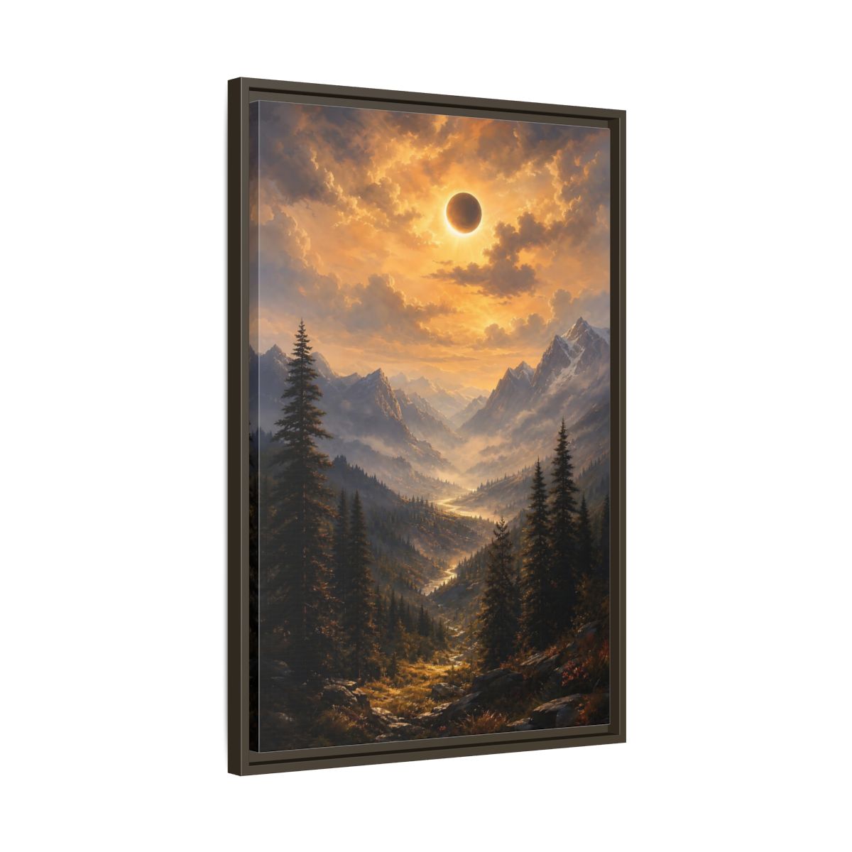 Side Mockup 11. Eclipse Over Mountain Valley shown as framed canvas print