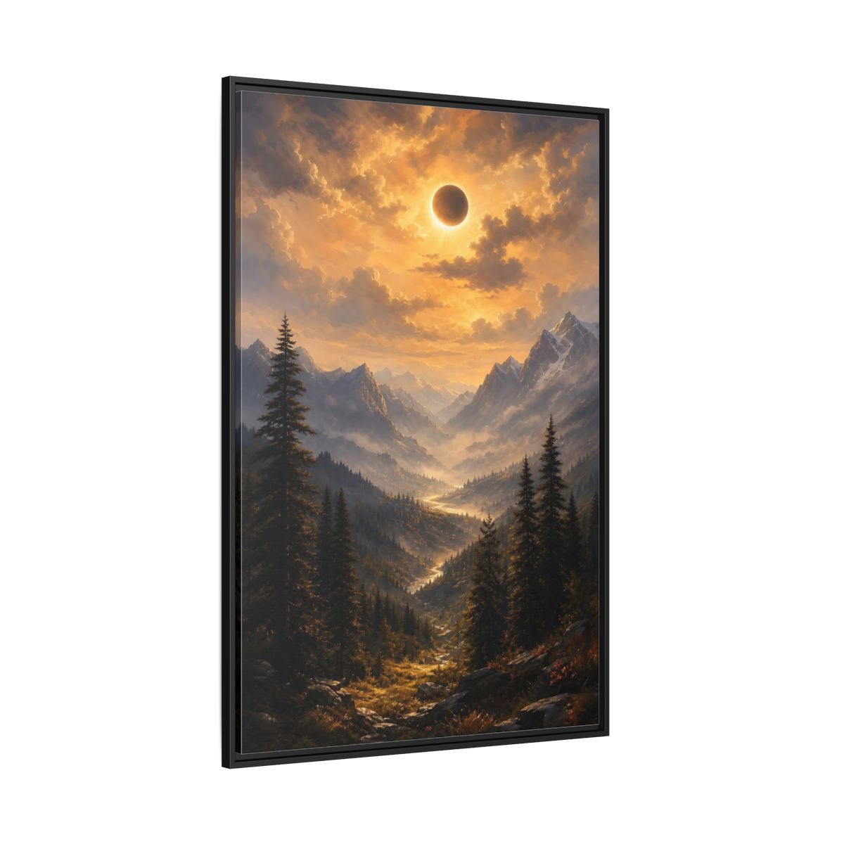 Side Mockup 12. Eclipse Over Mountain Valley shown as framed canvas print