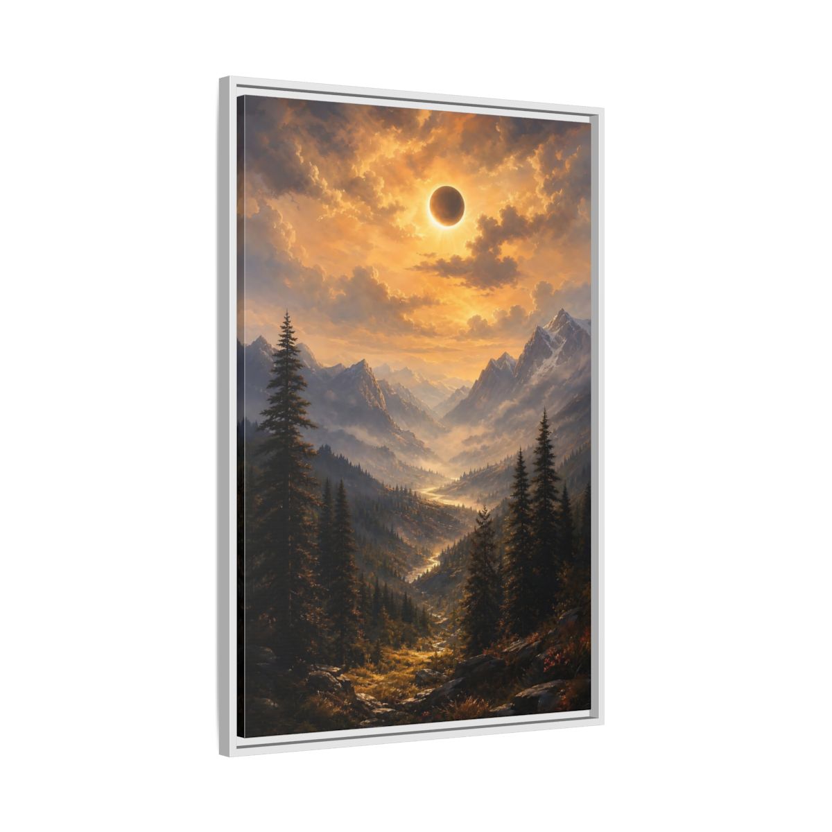 Side Mockup 9. Eclipse Over Mountain Valley shown as framed canvas print