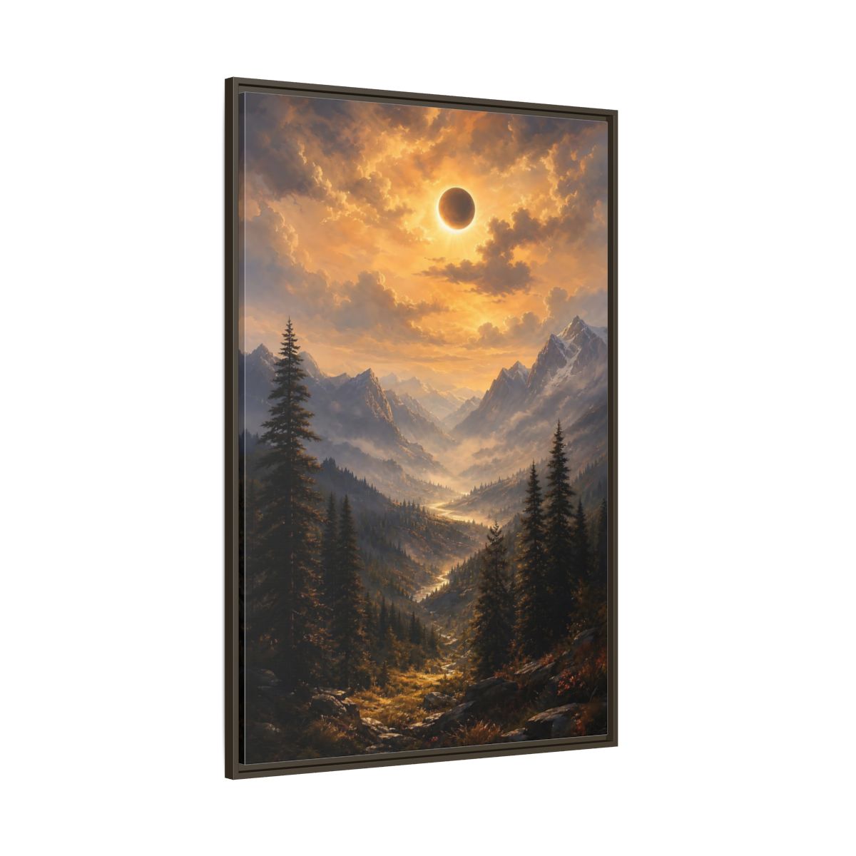 Side Mockup 8. Eclipse Over Mountain Valley shown as framed canvas print