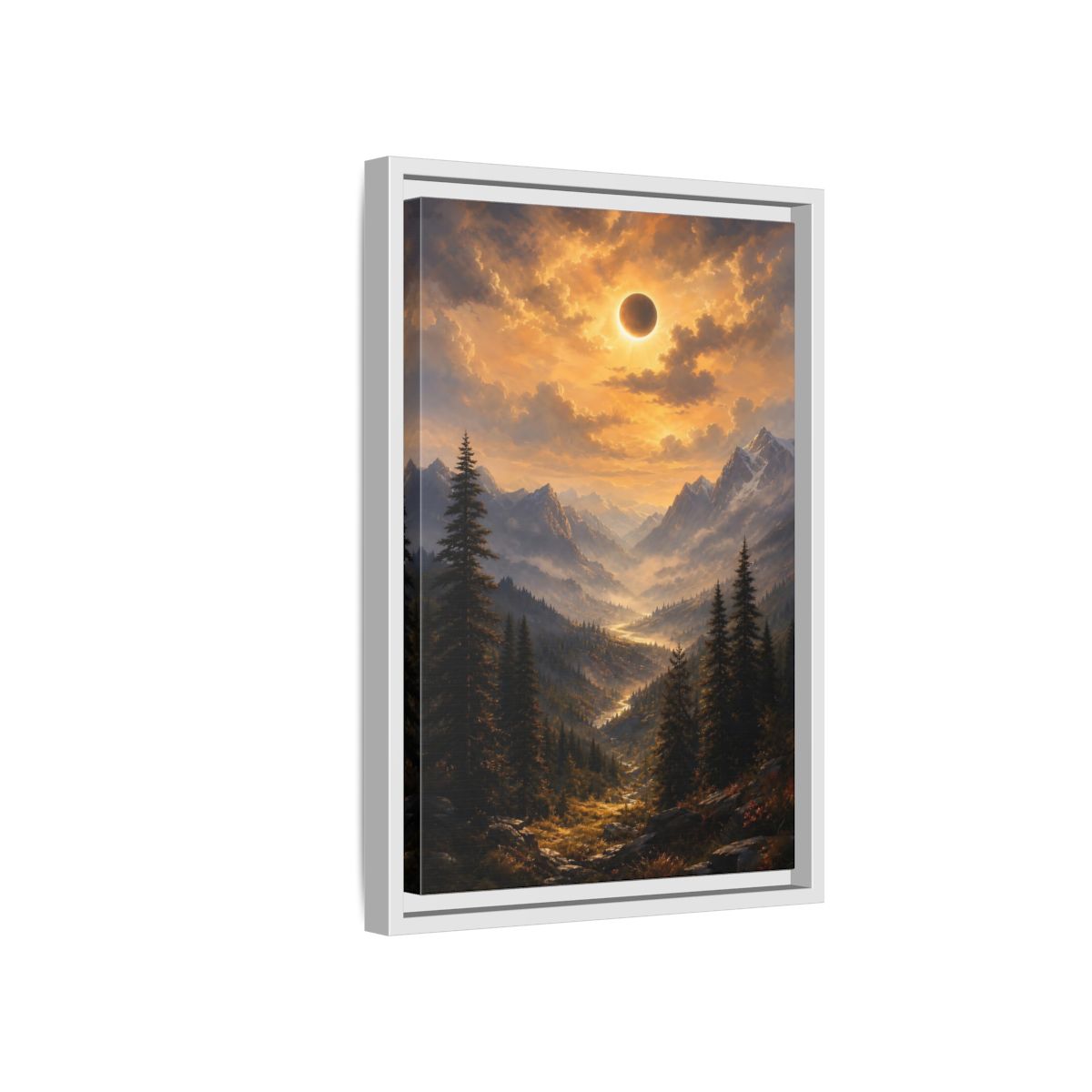 Side Mockup 4. Eclipse Over Mountain Valley shown as framed canvas print