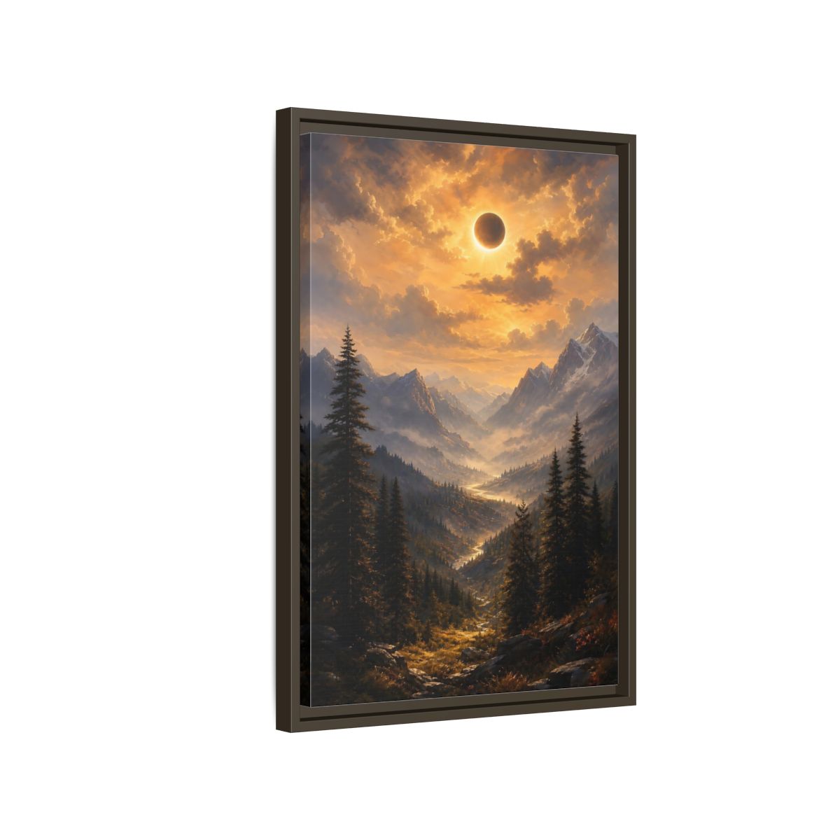 Side Mockup 2. Eclipse Over Mountain Valley shown as framed canvas print