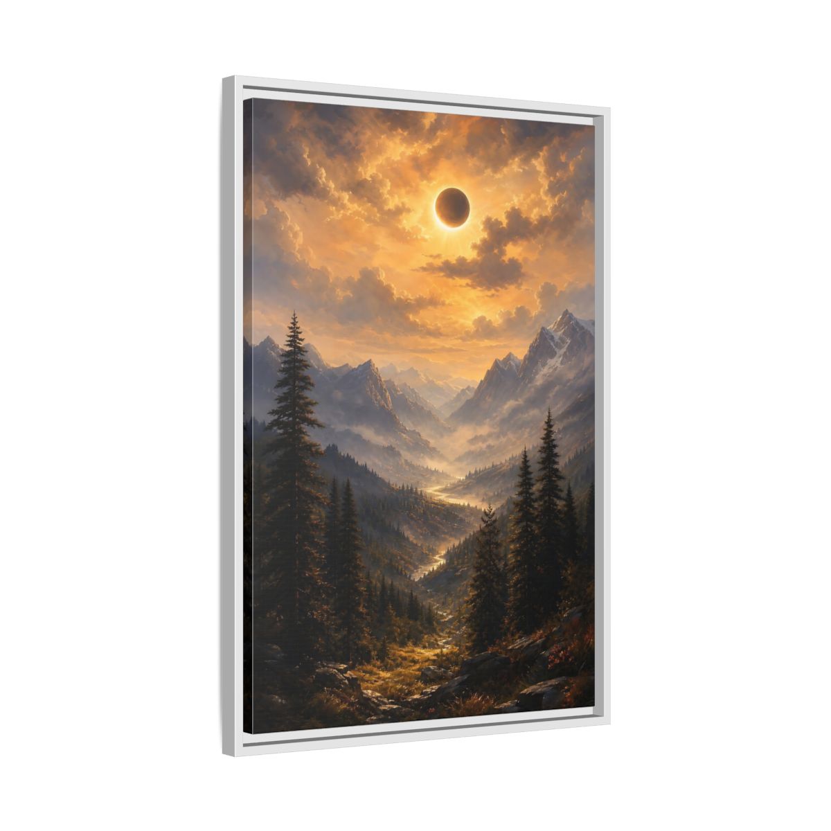 Side Mockup 10. Eclipse Over Mountain Valley shown as framed canvas print