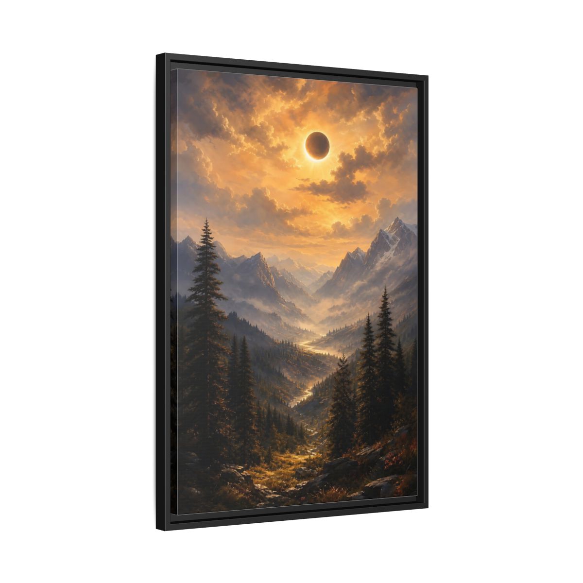 Side Mockup 14. Eclipse Over Mountain Valley shown as framed canvas print