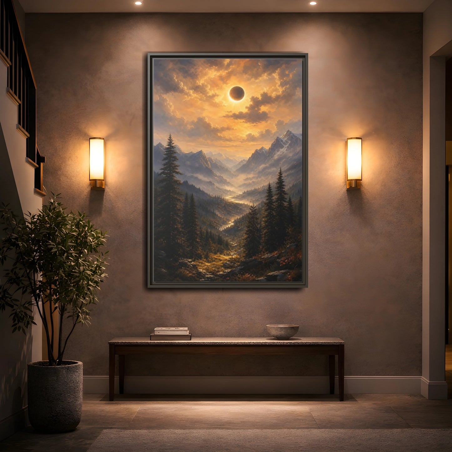 Mockup 2. Eclipse Over Mountain Valley shown as framed canvas print