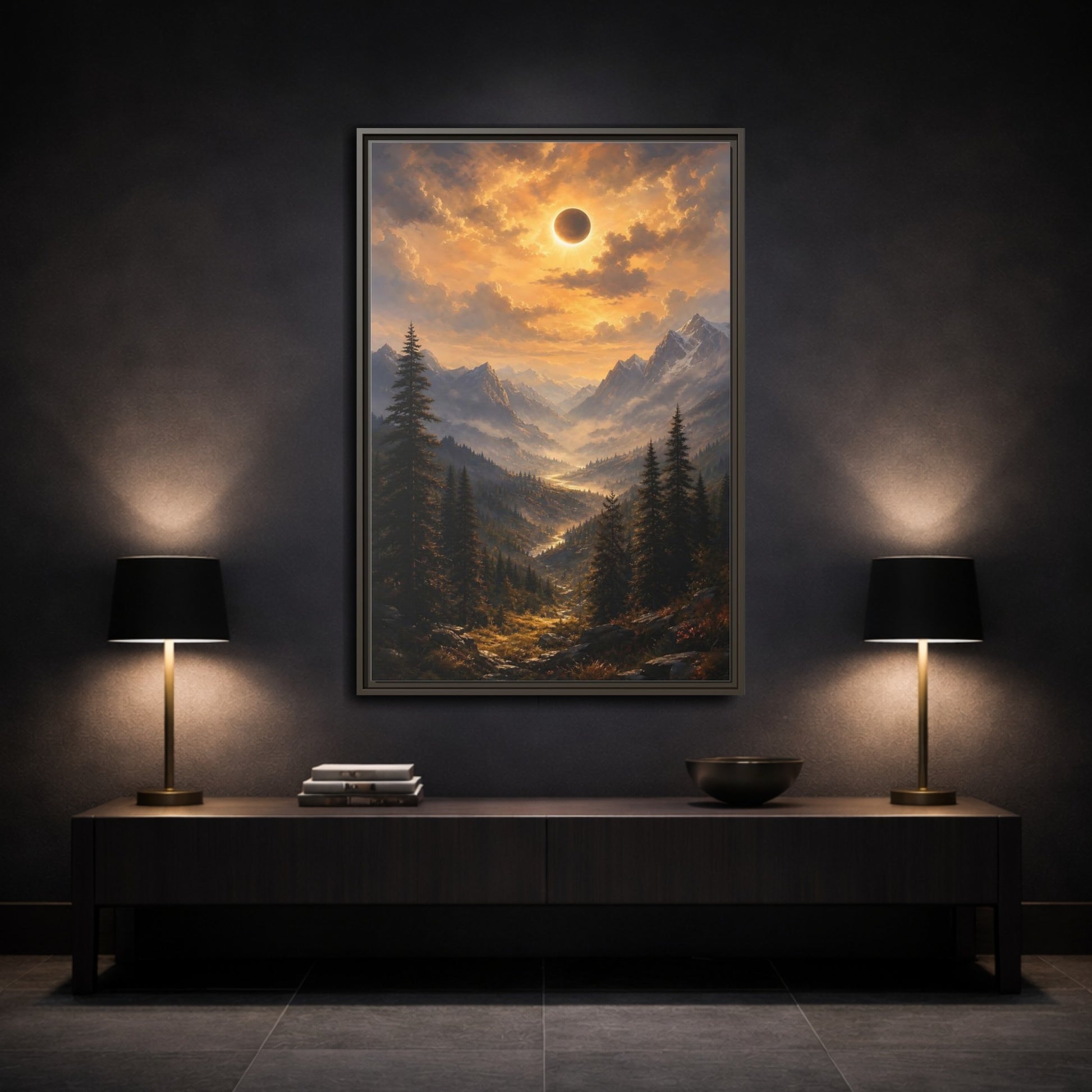 Mockup 3. Eclipse Over Mountain Valley shown as framed canvas print