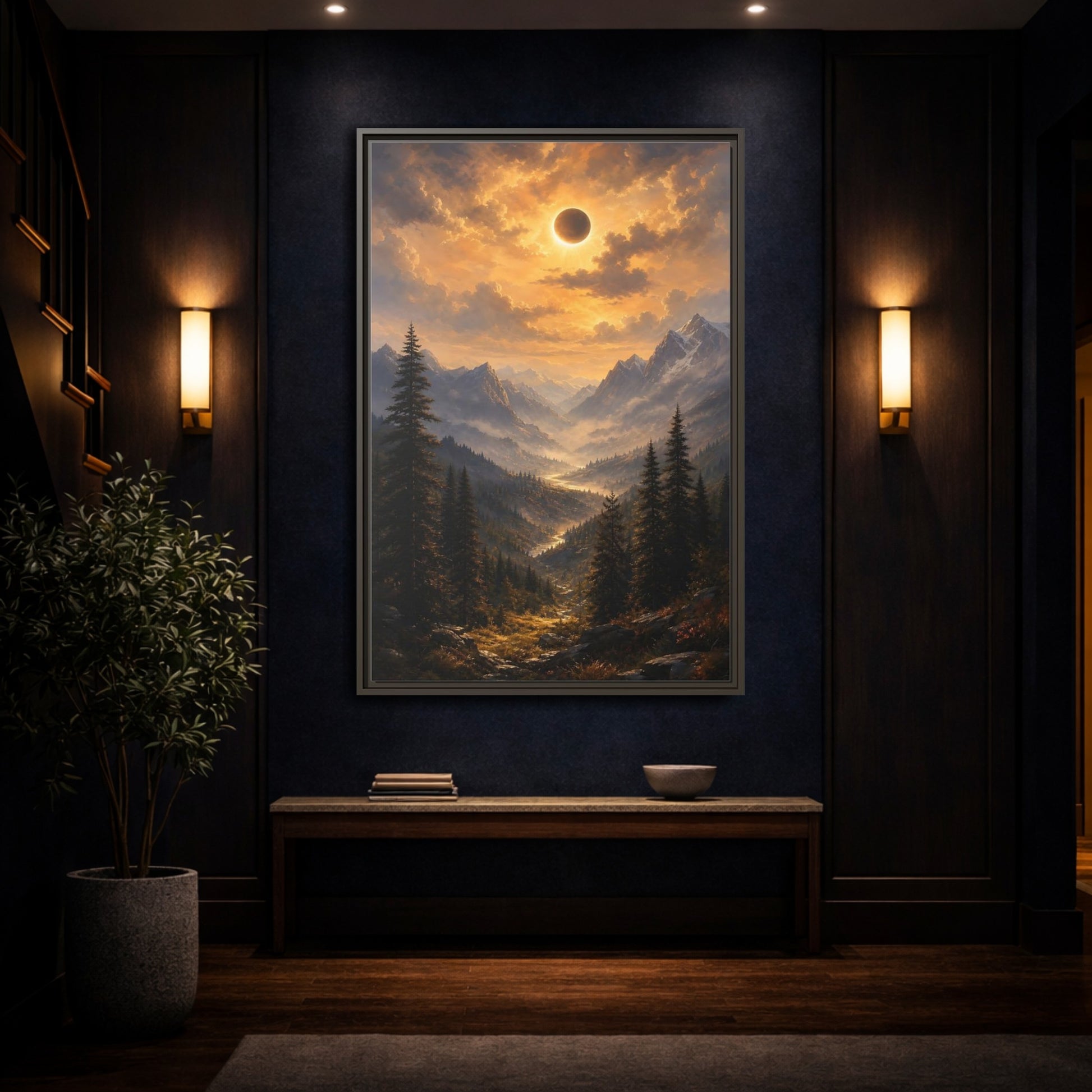 Mockup 4. Eclipse Over Mountain Valley shown as framed canvas print