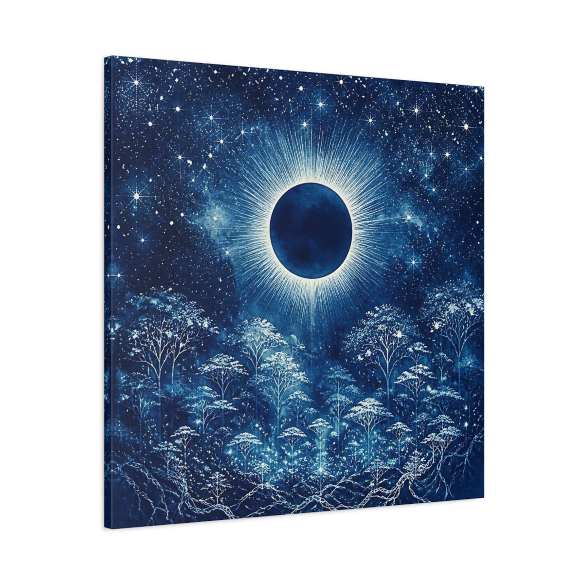 Main Mockup. Eclipsed Moon Over Forest shown as canvas print