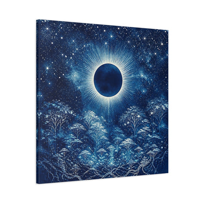 Main Mockup. Eclipsed Moon Over Forest shown as canvas print