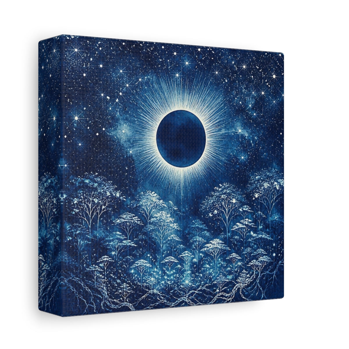 Side Mockup 2. Eclipsed Moon Over Forest shown as canvas print