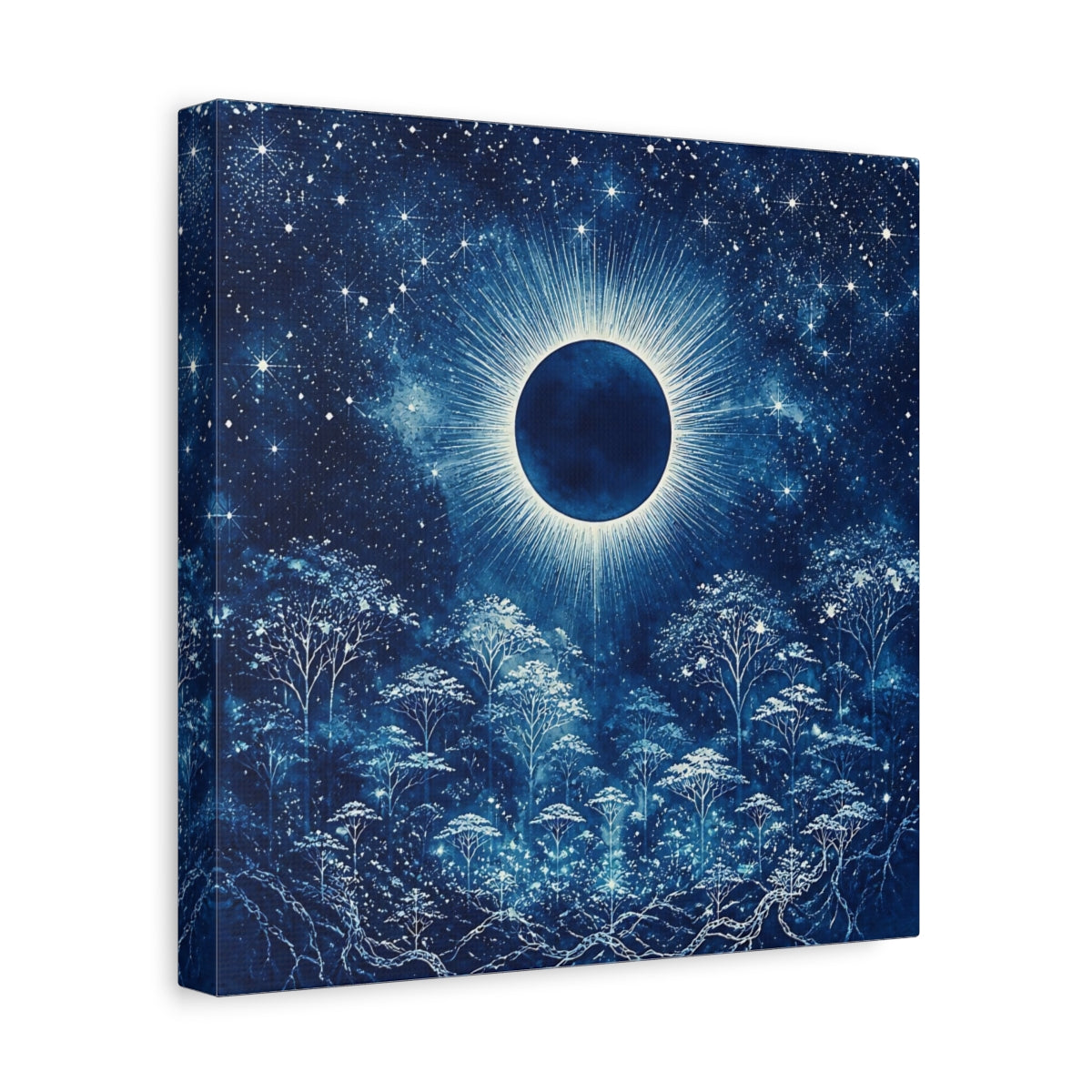 Side Mockup 8. Eclipsed Moon Over Forest shown as canvas print