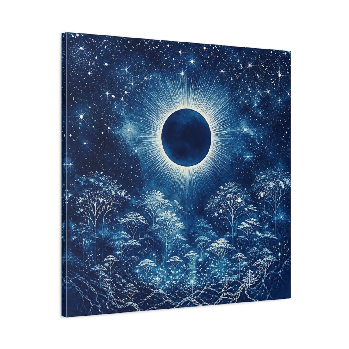 Side Mockup 3. Eclipsed Moon Over Forest shown as canvas print