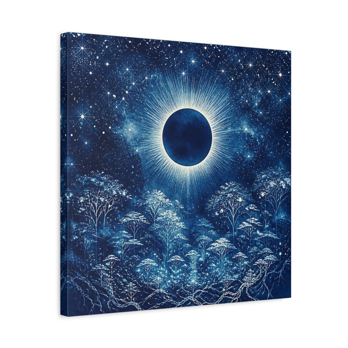 Side Mockup 5. Eclipsed Moon Over Forest shown as canvas print