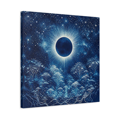Side Mockup 5. Eclipsed Moon Over Forest shown as canvas print