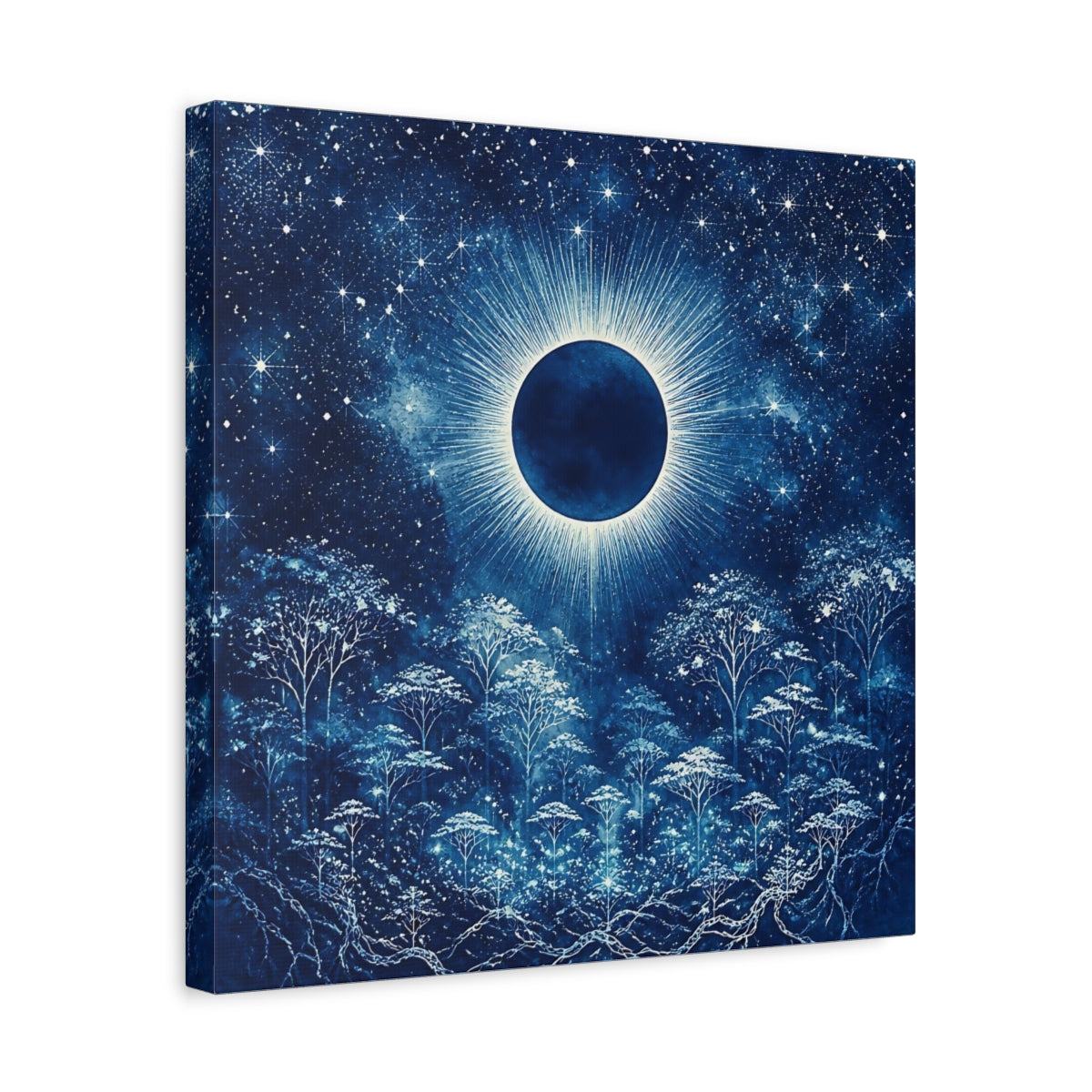 Side Mockup 6. Eclipsed Moon Over Forest shown as canvas print