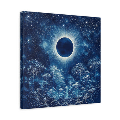 Side Mockup 6. Eclipsed Moon Over Forest shown as canvas print