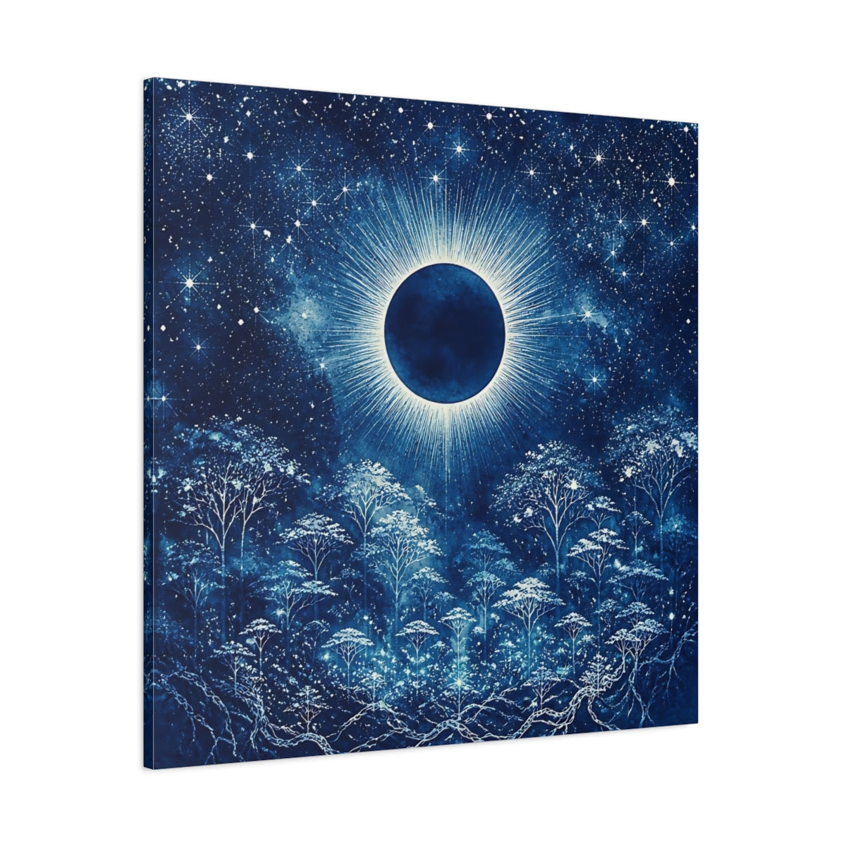 Side Mockup 1. Eclipsed Moon Over Forest shown as canvas print