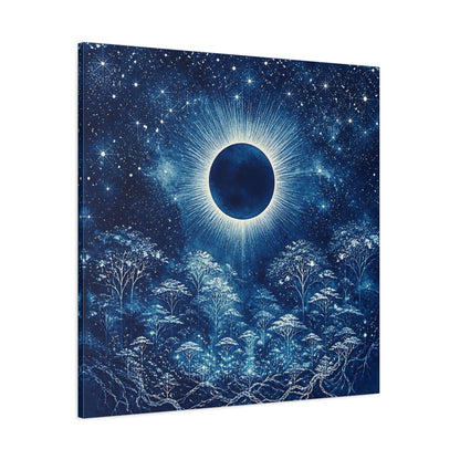 Side Mockup 1. Eclipsed Moon Over Forest shown as canvas print