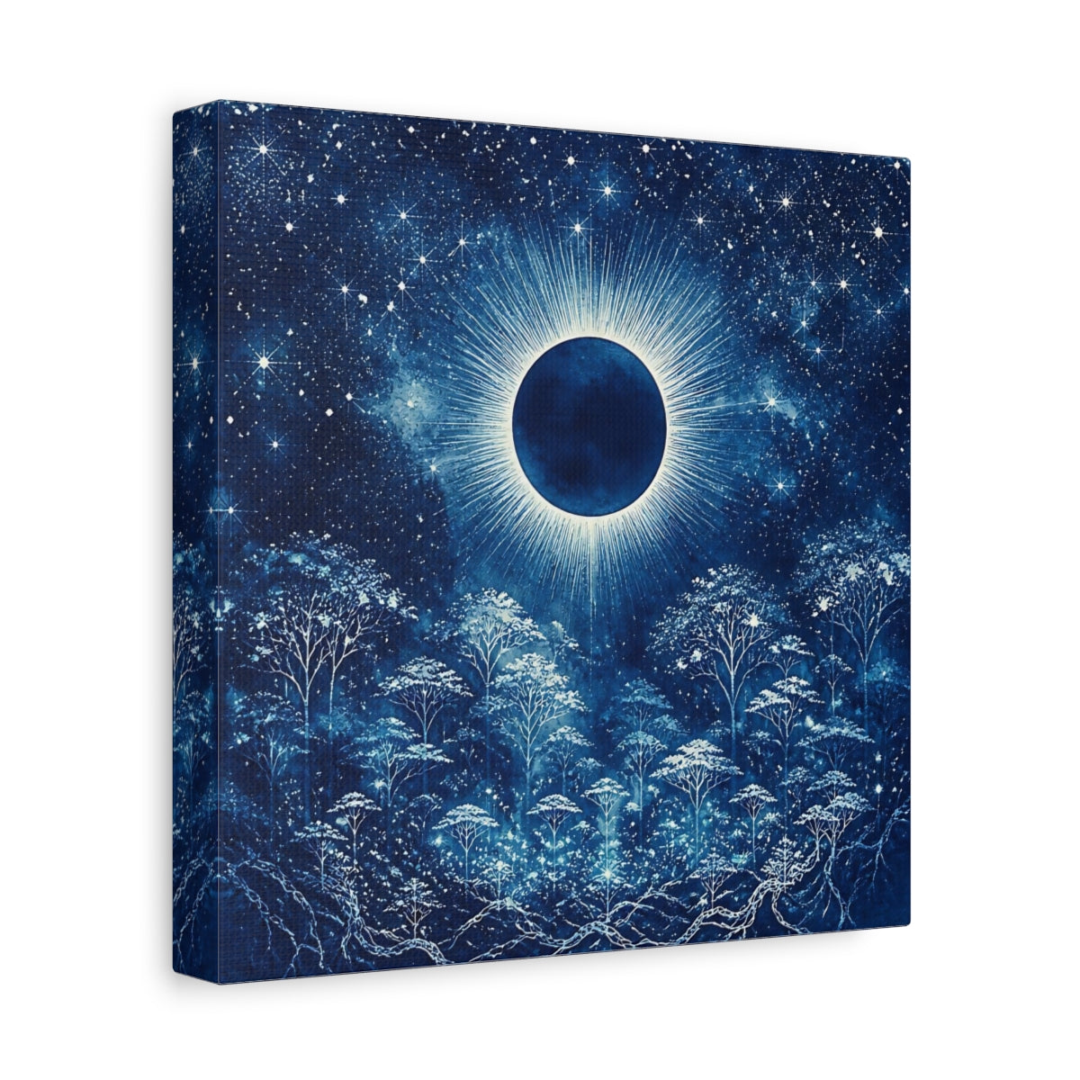 Side Mockup 9. Eclipsed Moon Over Forest shown as canvas print