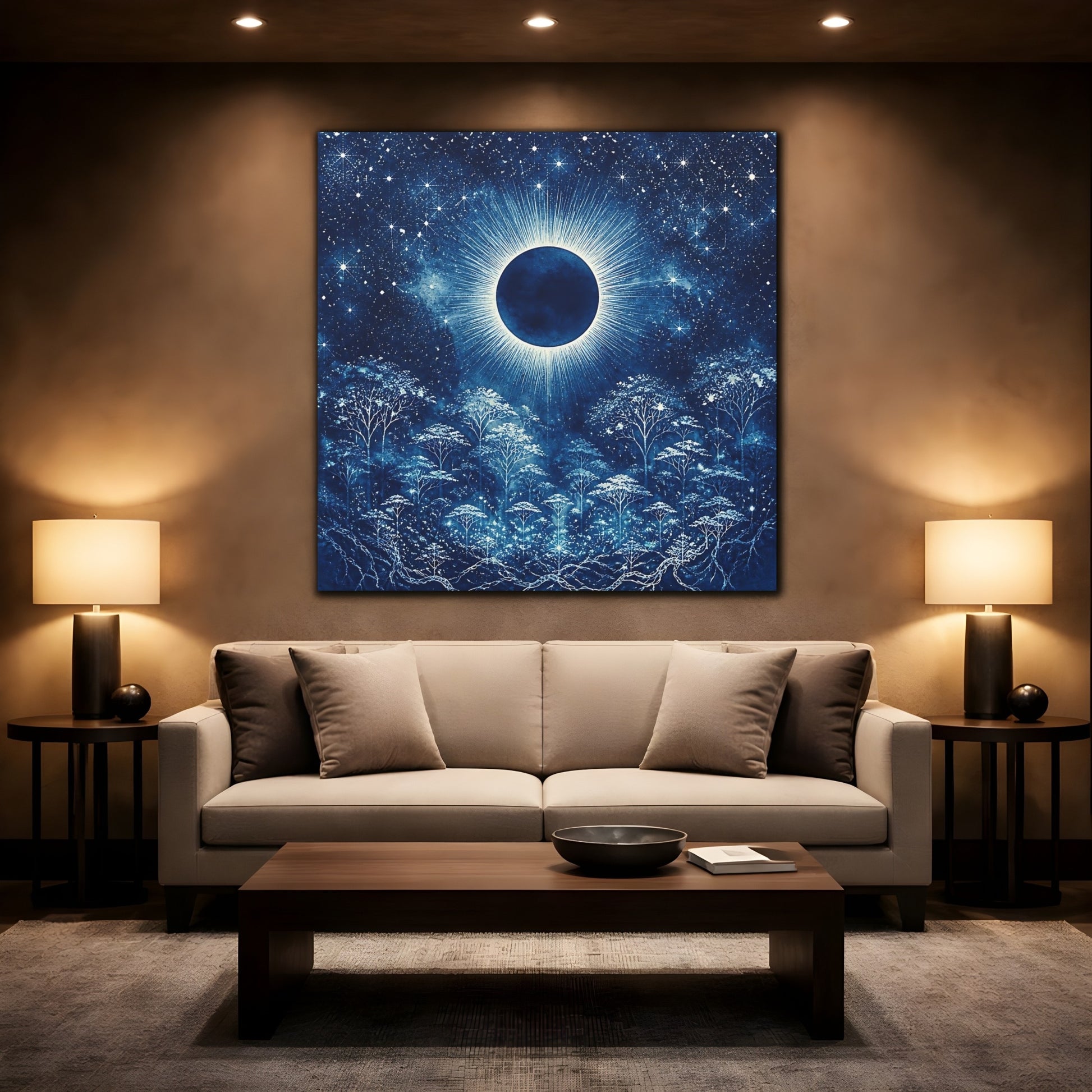 Mockup 2. Eclipsed Moon Over Forest shown as canvas print