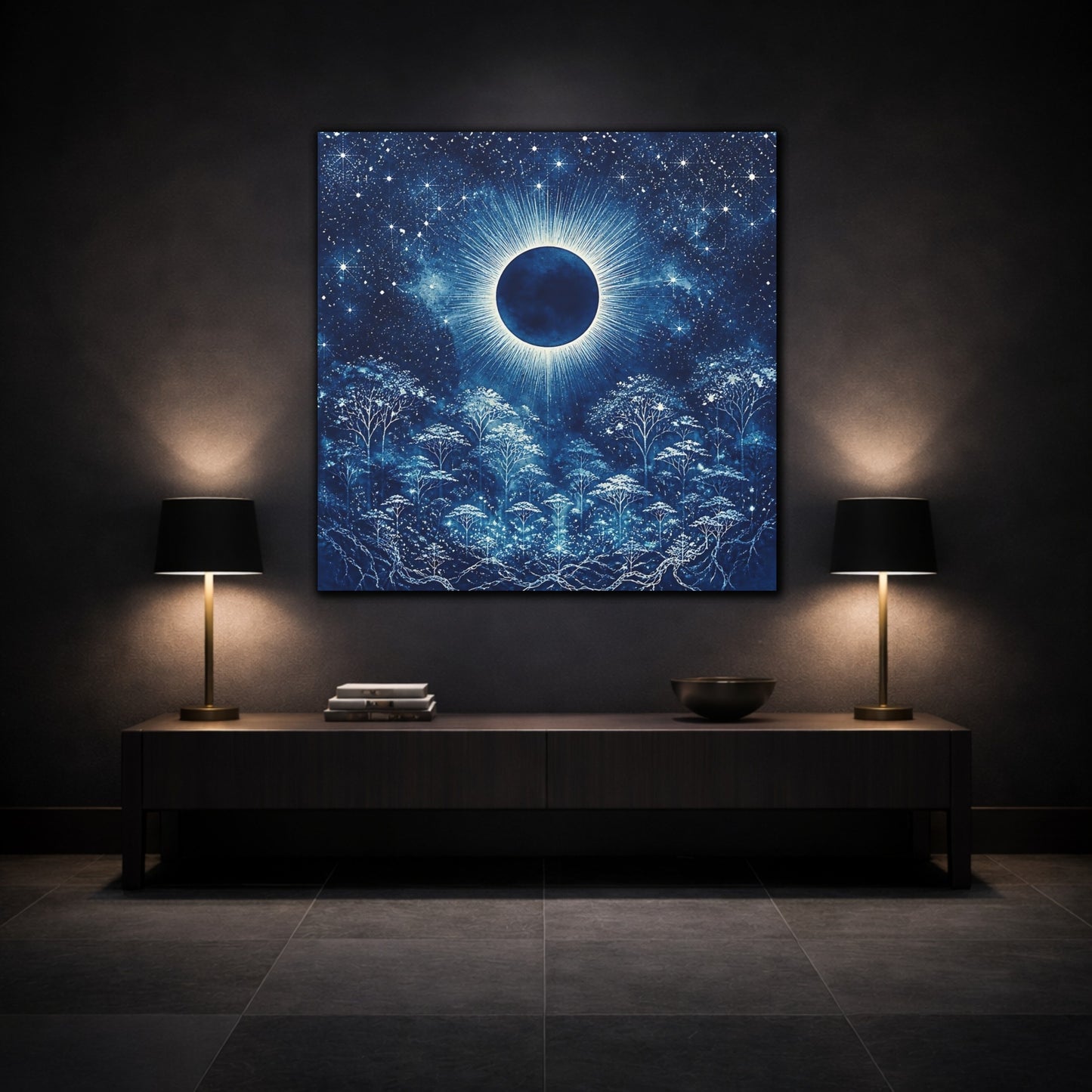 Mockup 3. Eclipsed Moon Over Forest shown as canvas print